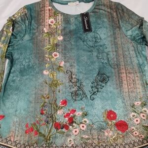 Floral Print Women's Top - Teal and Red
